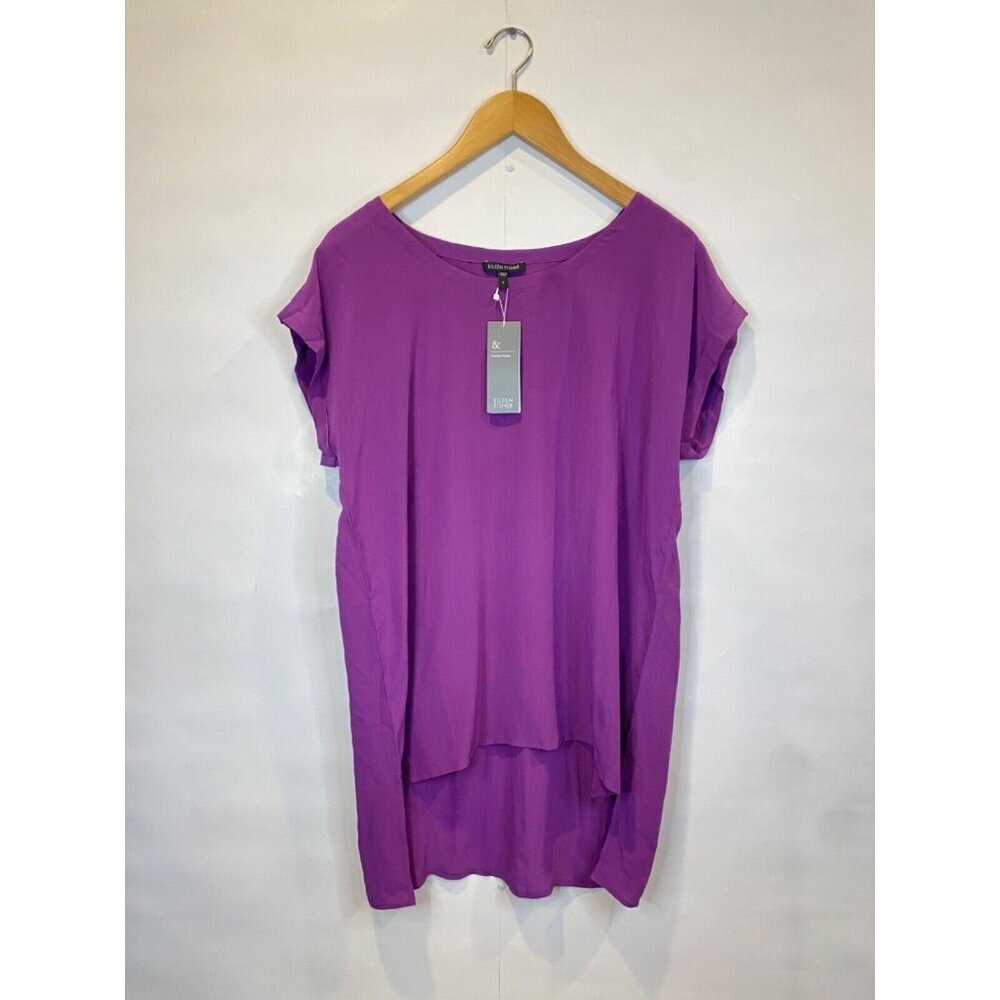 Eileen Fisher Fig Purple Scoop Neck Long Tunic Top Short Sleeve Size Small NWT